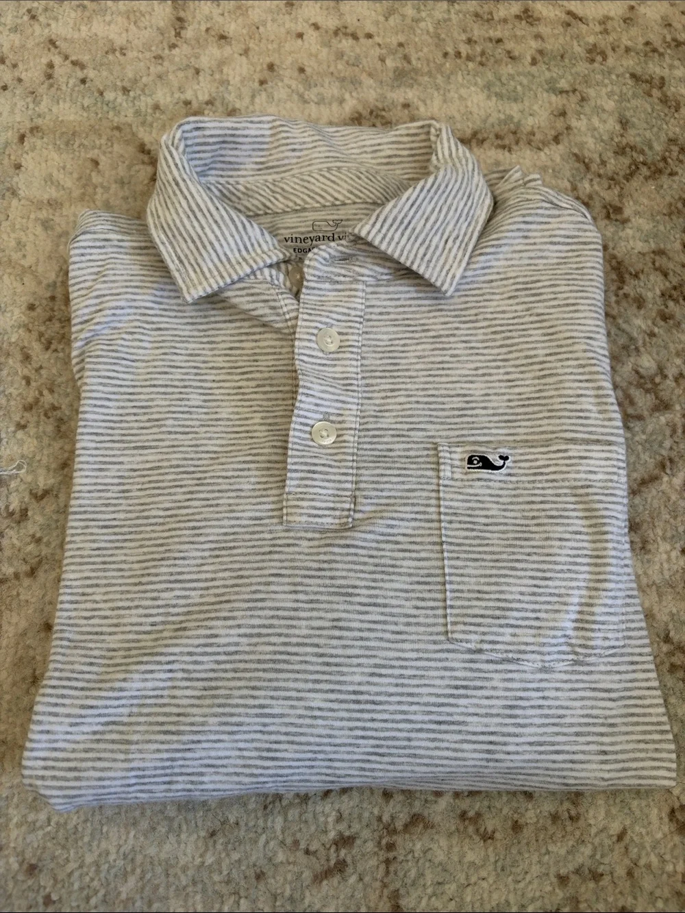 Vineyard Vines Kid’s Striped Polo - Light Gray and White- long sleeve